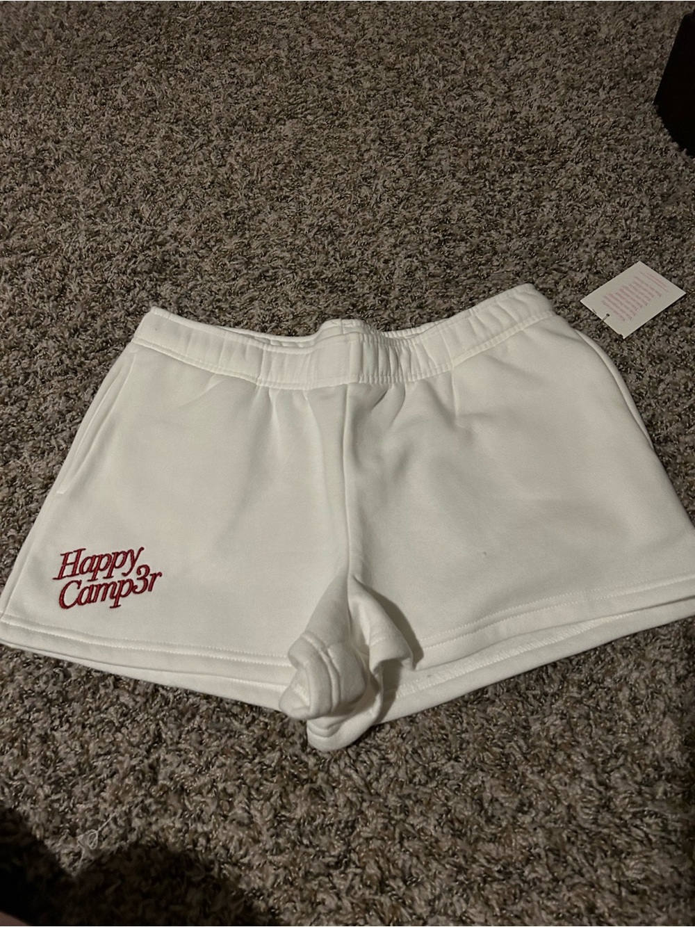 White Women's Athletic Lounge Shorts with Red 'Happy Camp3r' Embroidery